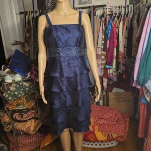 R&M Richards Navy Tiered Cocktail Dress with Beaded Waist